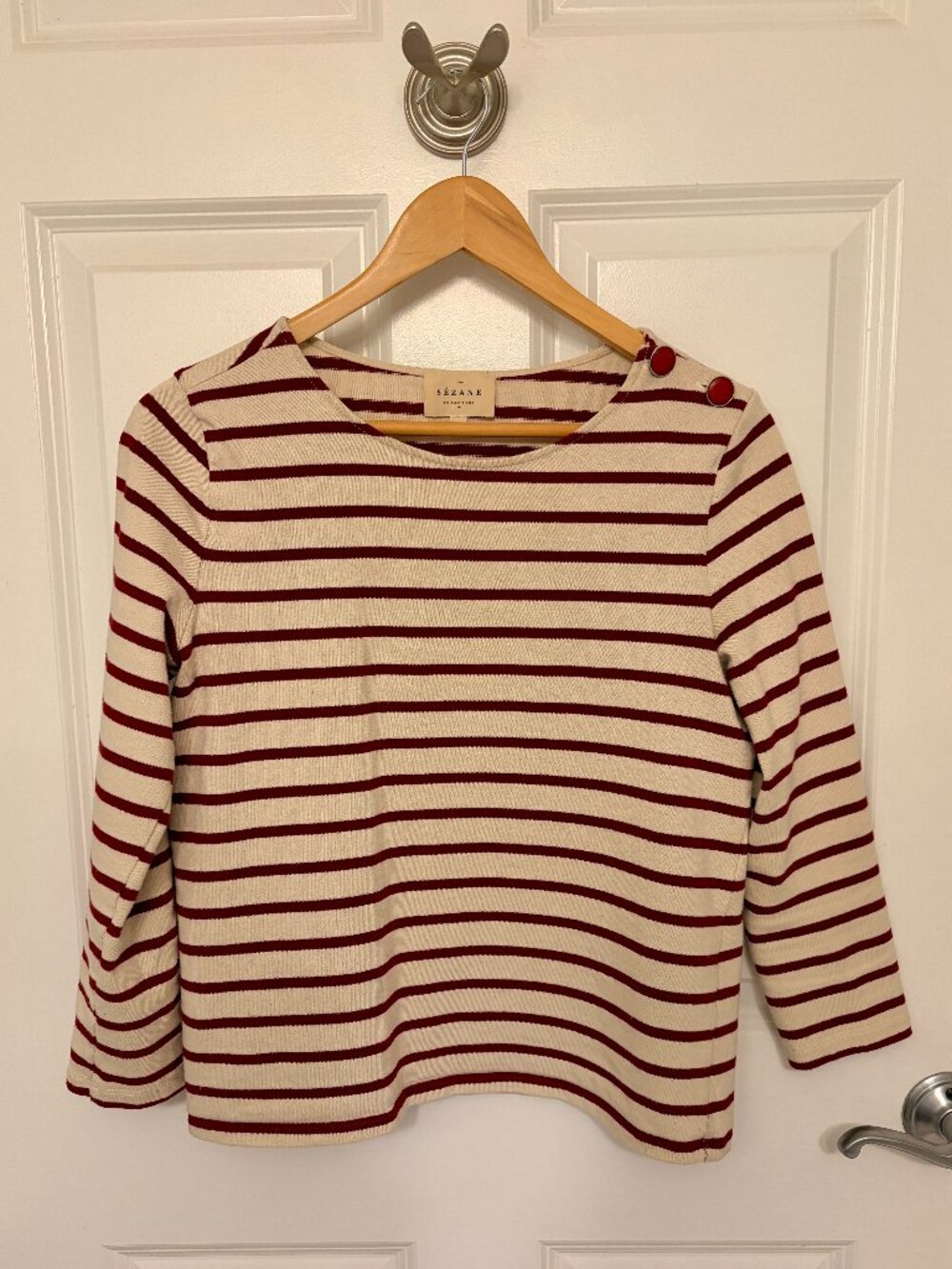 Sezane Colette Marinière in Ecru / Burgundy Small
